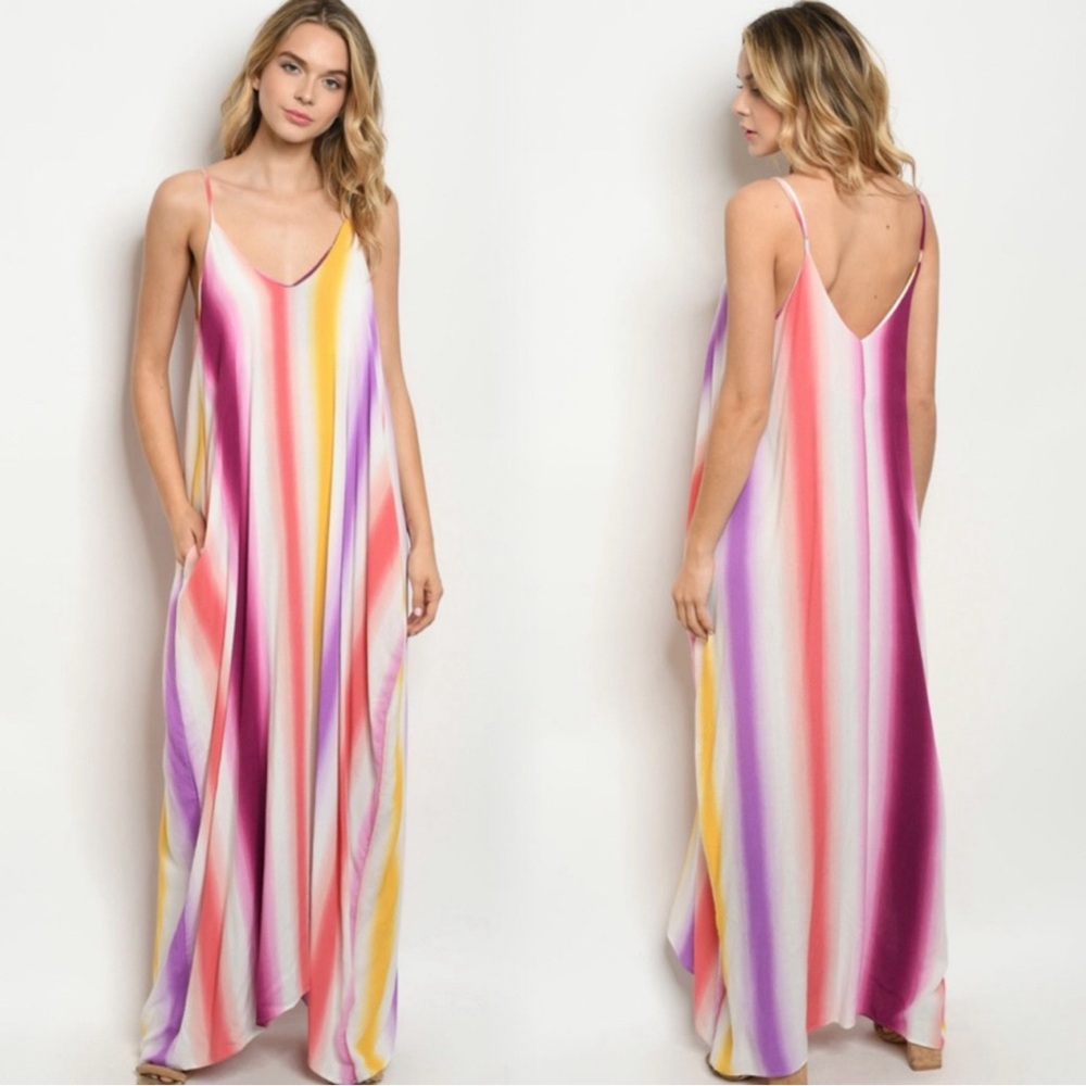 Rainbow color striped maxi dress with pockets - Picture 4 of 6